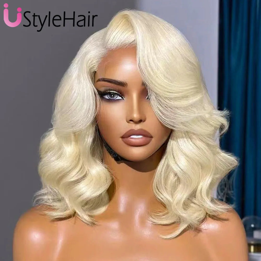 UStyleHair 613 Blonde Bob Lace Hair Lace Front Short Wave Wig Side Part Synthetic Front Wig Heat Resistant Synthetic Hair Daily