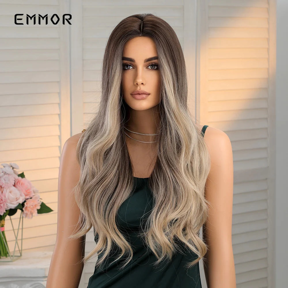 Emmor Ombre Brown Blonde Hair Wig Long Wavy Wigs for Woman Cosplay Natural Good Quality Synthetic WIg High Temperature Fiber