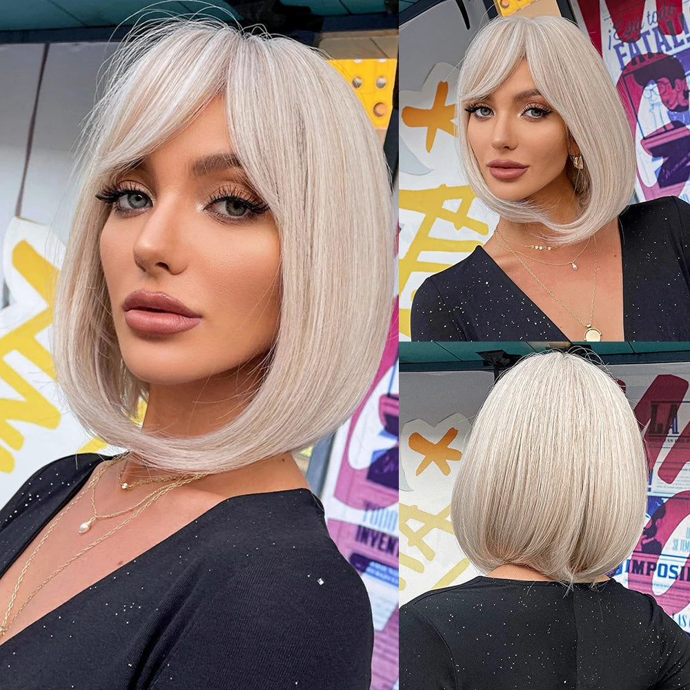 Blonde Layered Synthetic Wigs with Bangs Straight Short Highlights  Wig