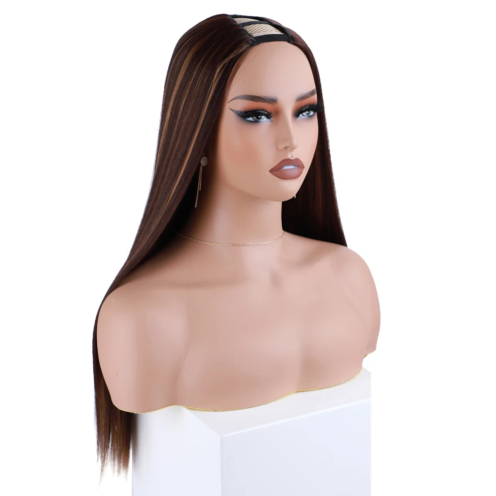 Silky Straight Synthetic U Part Wigs Highlight Blonde and Brown