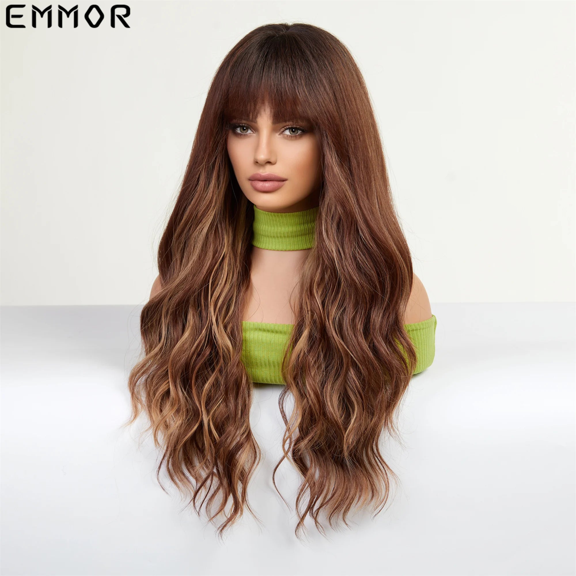 Emmor Synthetic Colorful Long Wavy Wig with Bangs for Women Cosplay Natural Highlight Brown Hair Wig High Temperature Fiber Hair