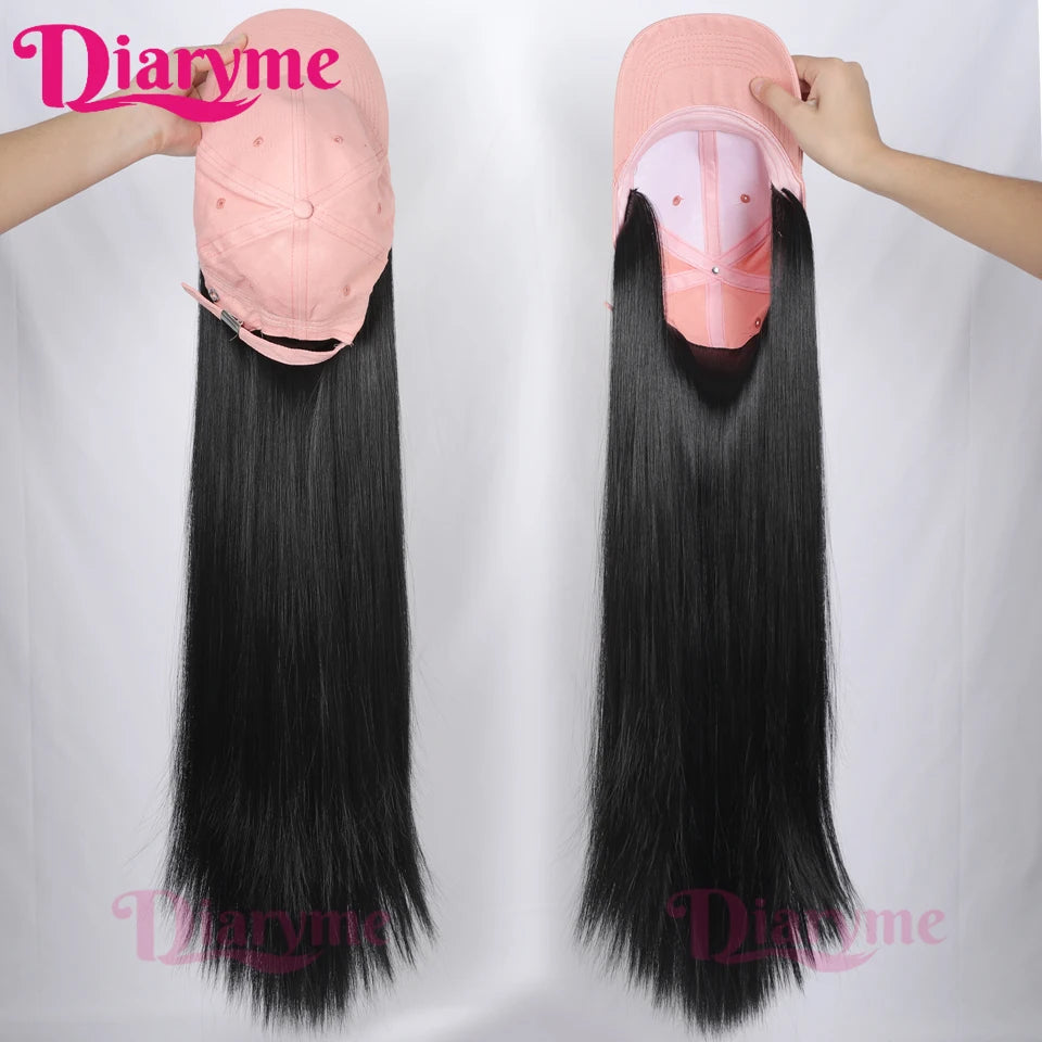 Long Straight Black Wig With Baseball Cap