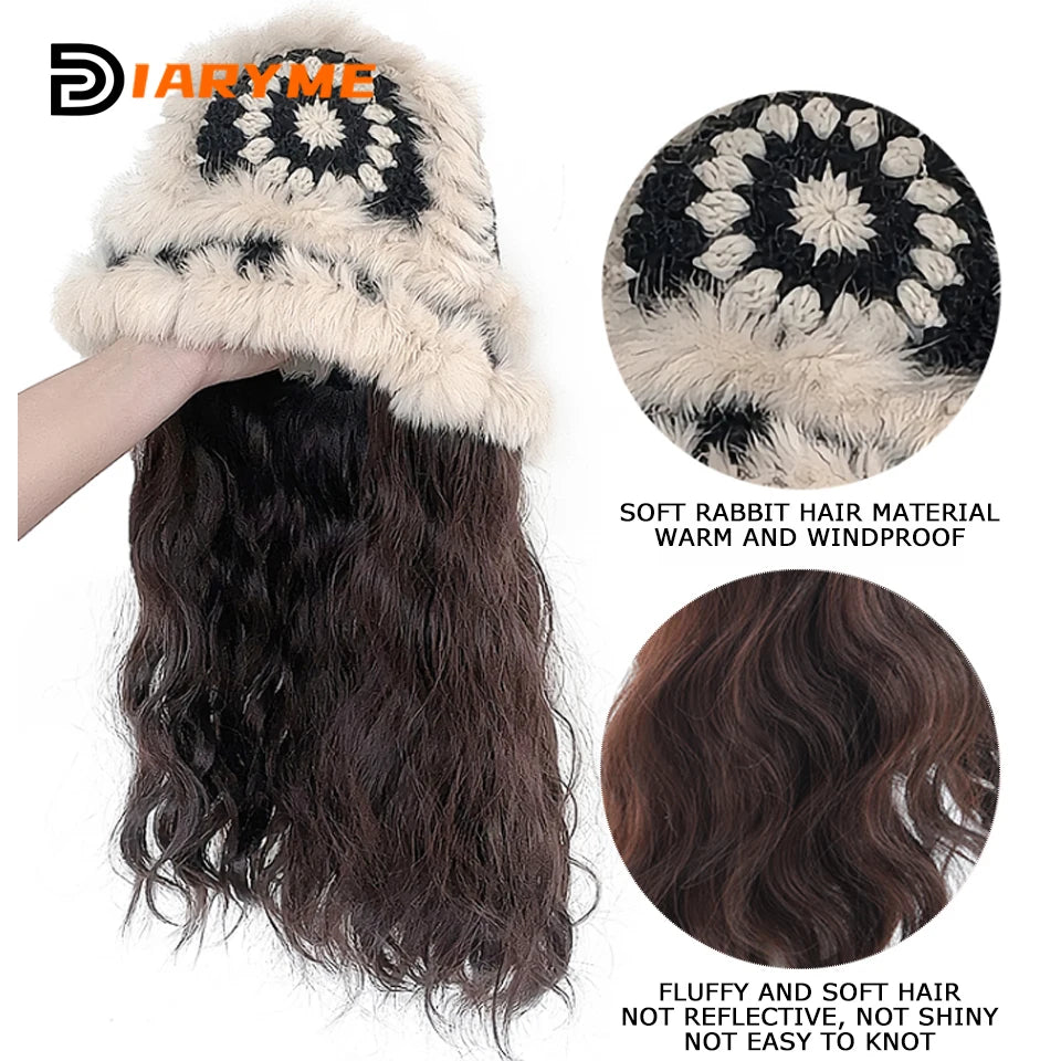 Synthetic Knitted Hat Wig Beanies Hat With Hair Wig