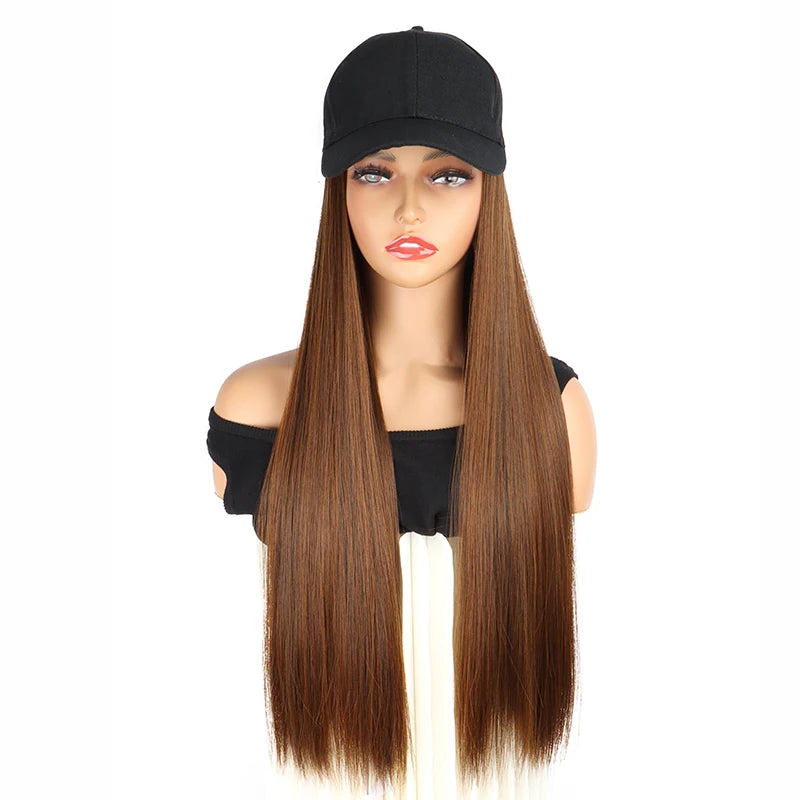 24Inch Synthetic Long Straight Baseball Hat Adjustable Wig Black Brown Hairpiece for Women