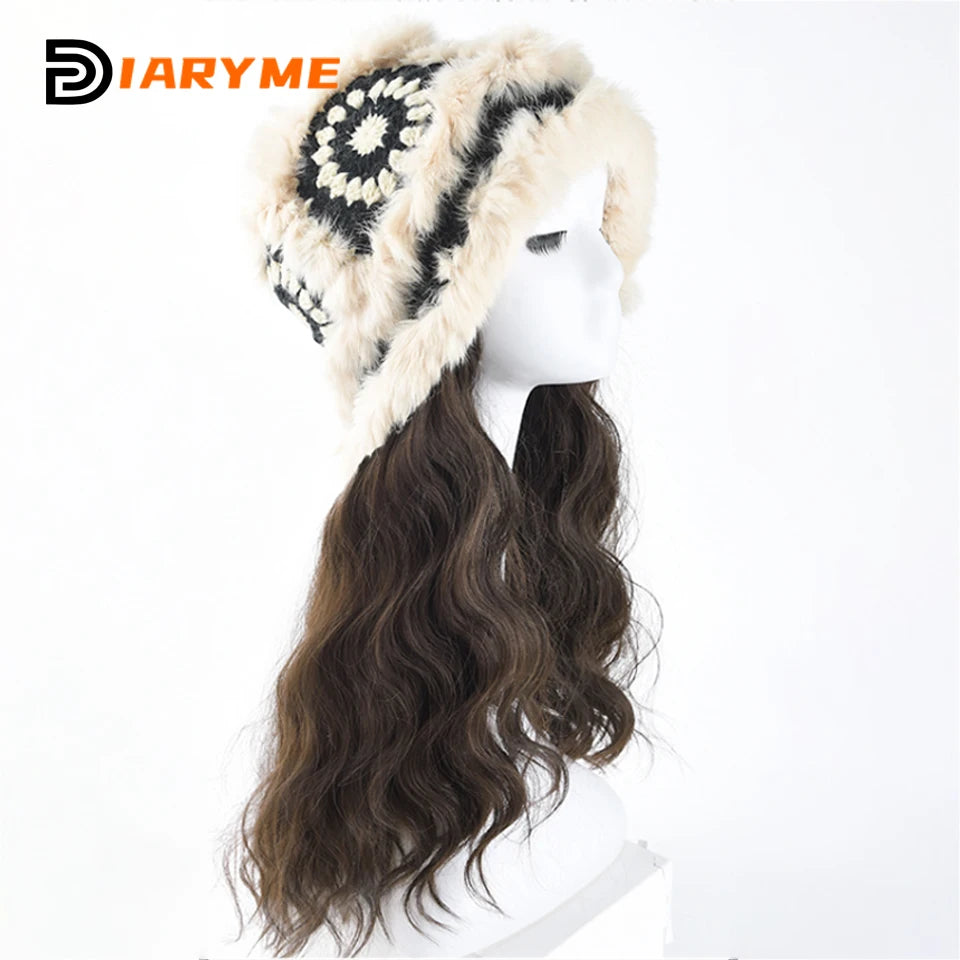 Synthetic Knitted Hat Wig Beanies Hat With Hair Wig