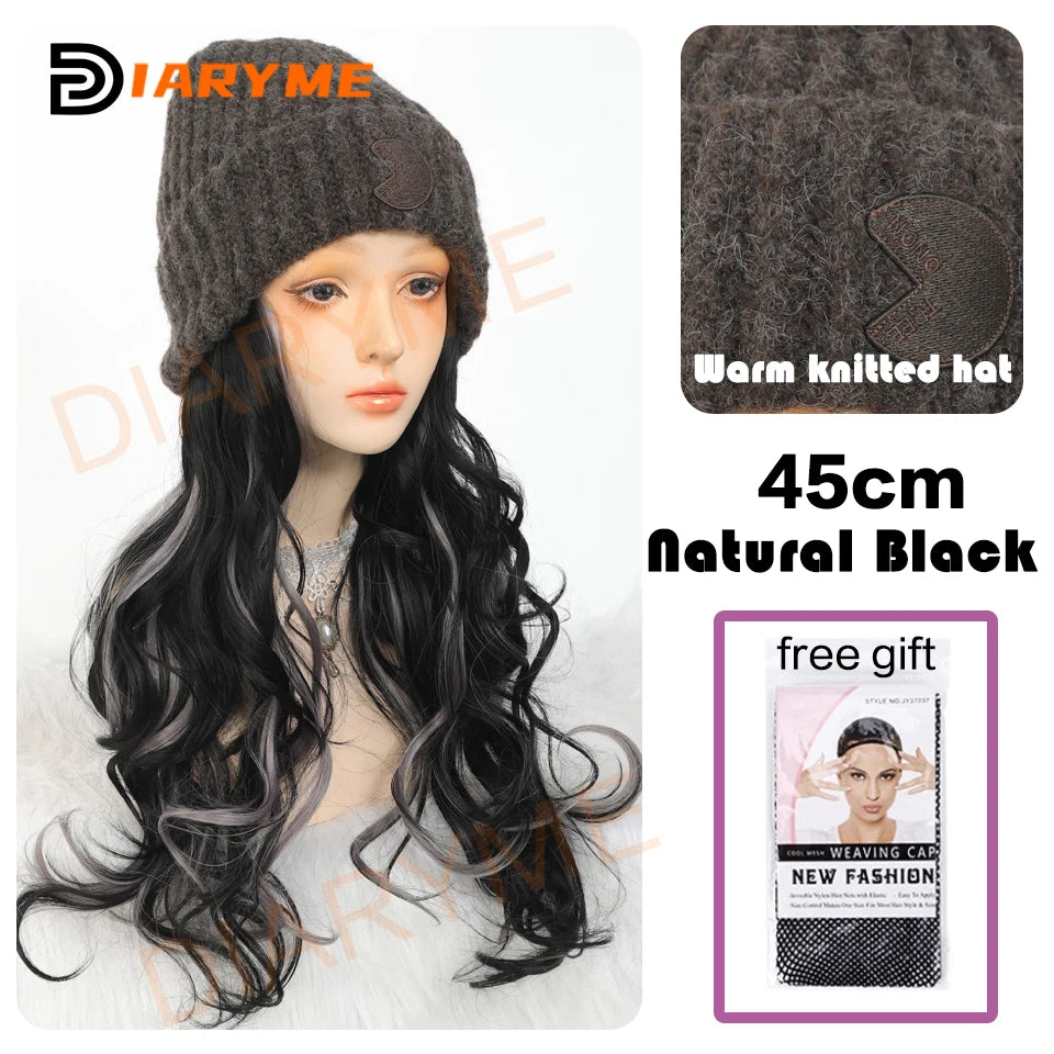 Beanie Hat Wig Knit Hat with Hair for Women Girls Synthetic Long Wavy Hair Extension for Winter Hairpieces Attached Knitted Hat