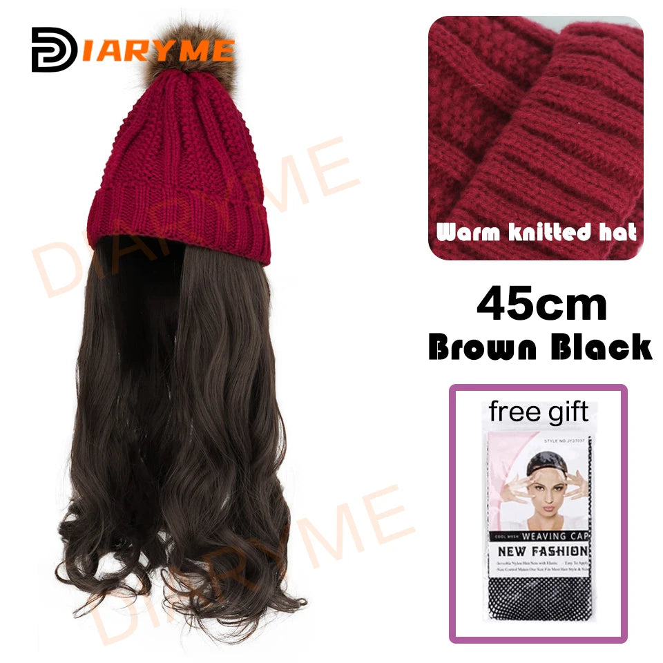 Knitted Beanie Hat Wig Synthetic Long Wavy Hair Extension Red Knitted Hat  Attached Hairpiece for Women Girls Winter warm Fake H