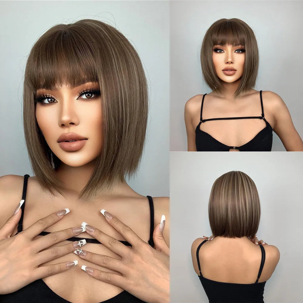 Blonde Layered Synthetic Wigs with Bangs Straight Short Highlights  Wig