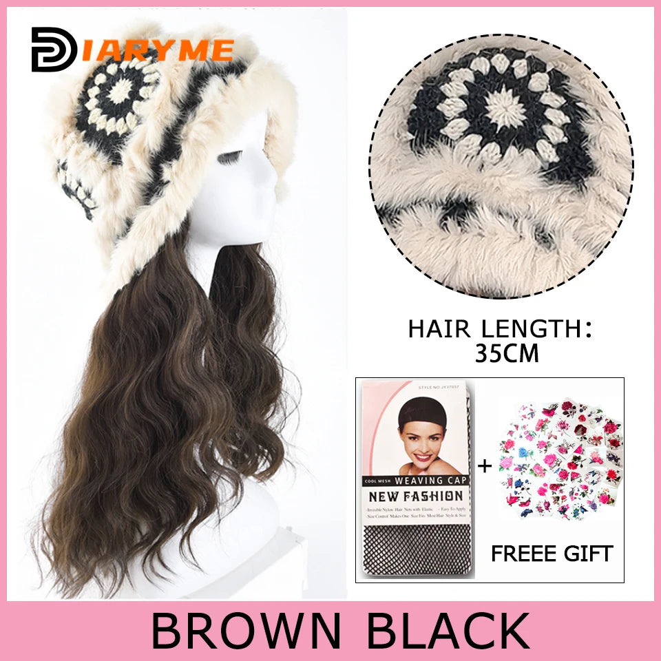 Synthetic Knitted Hat Wig Beanies Hat With Hair Wig
