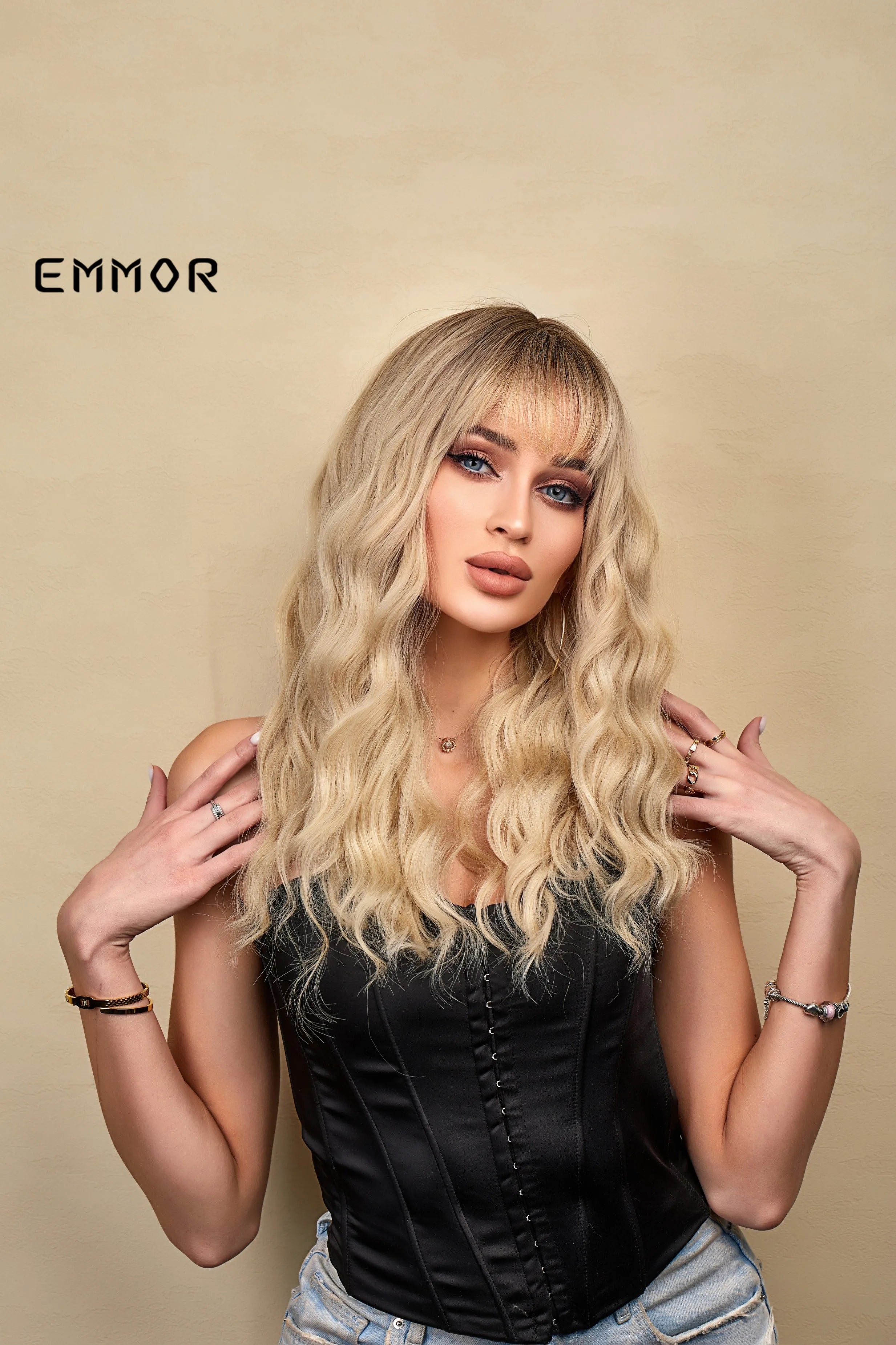 Ombre brown to Light Blonde Hair Wig with Bangs