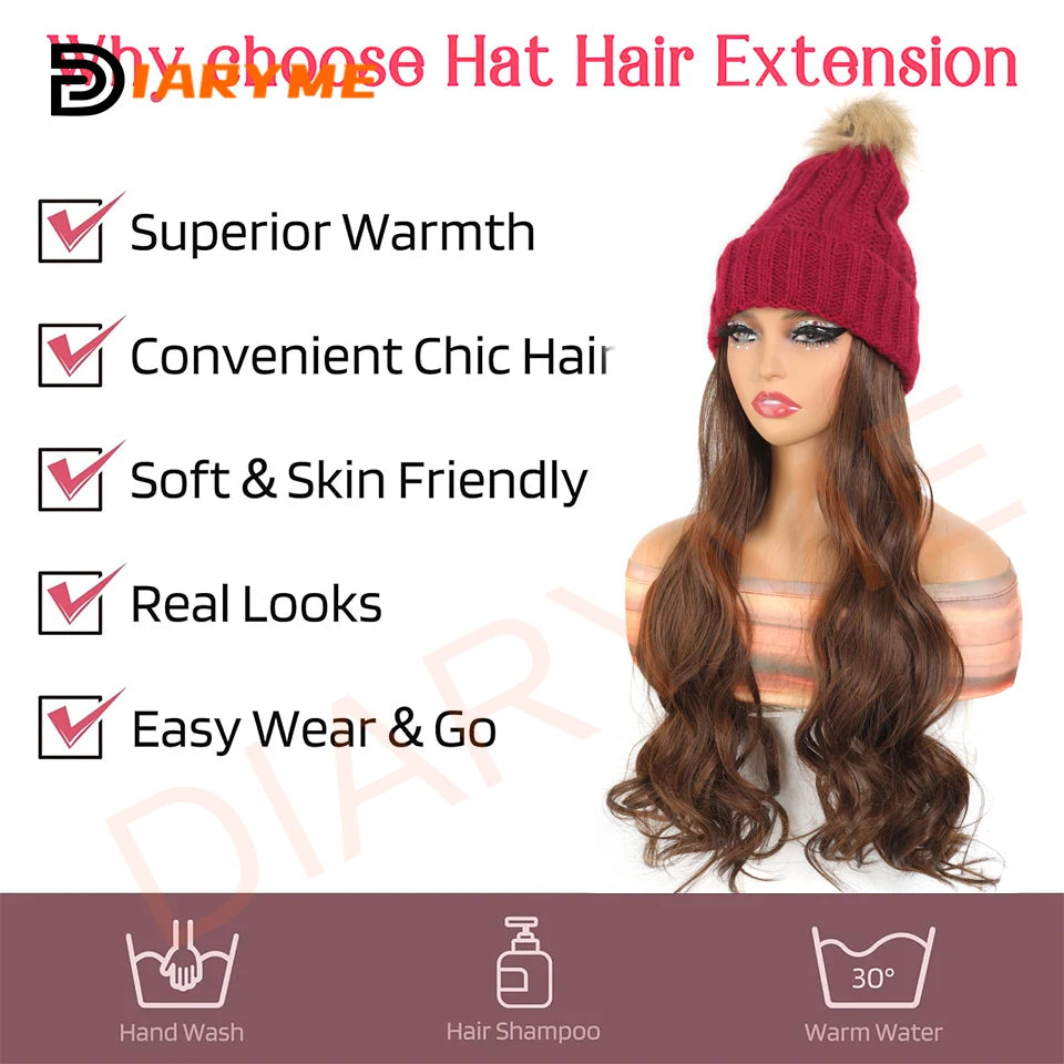 Knitted Beanie Hat Wig Synthetic Long Wavy Hair Extension Red Knitted Hat  Attached Hairpiece for Women Girls Winter warm Fake H