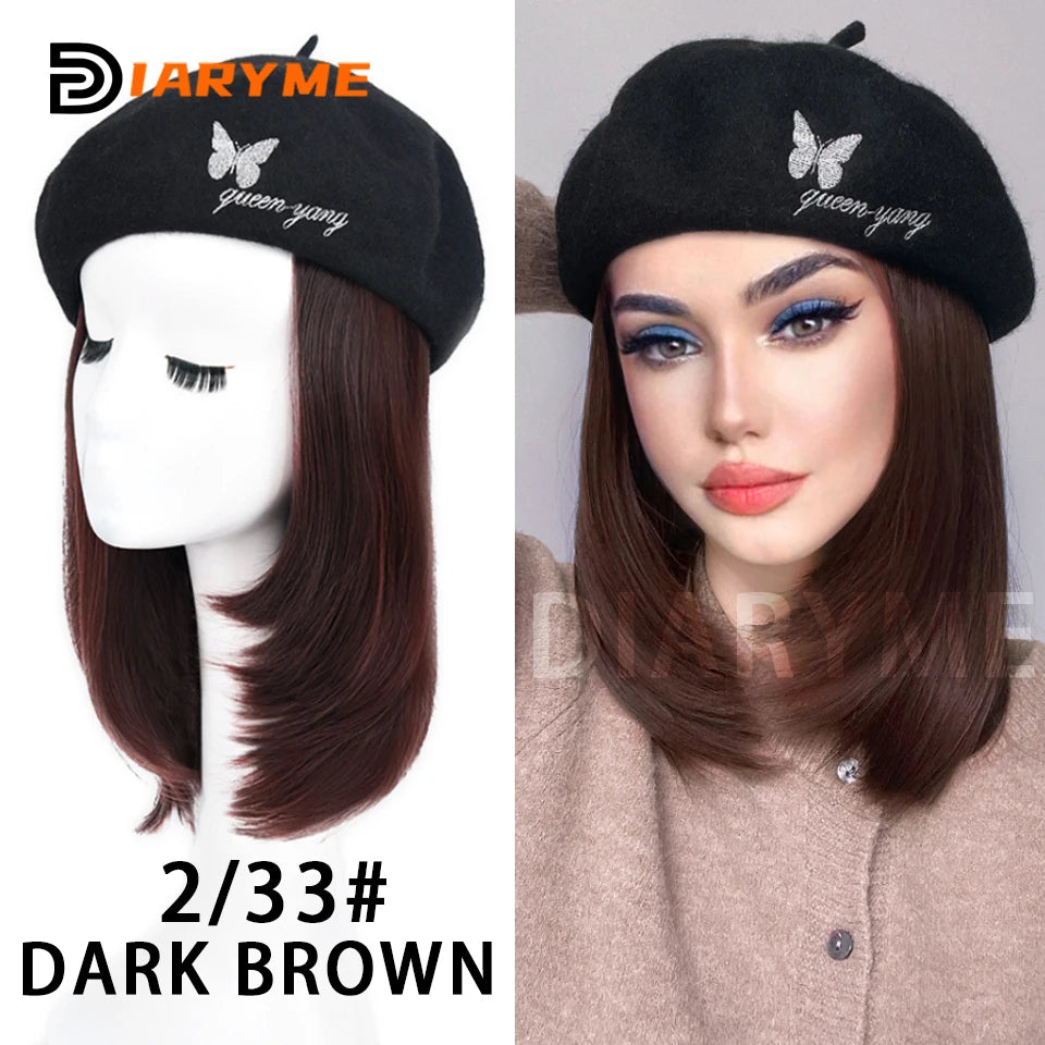 Straight Bob Hair Wig With Cap Beret Hat Wigs