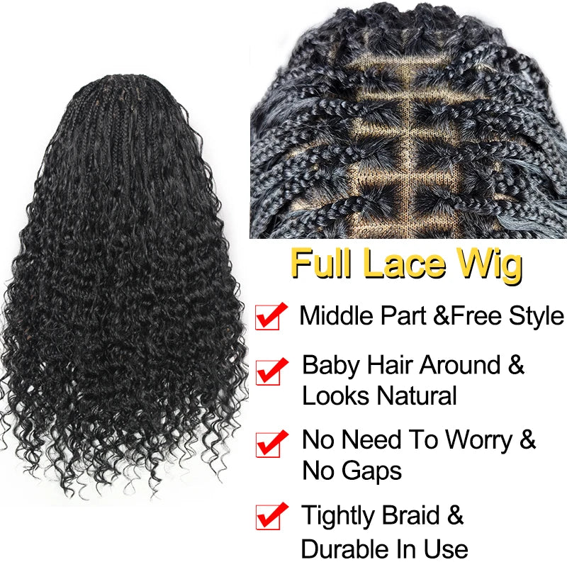 Black Full Lace 24 Inch Braided Wigs Bohemia Box Braids Synthetic Lace Frontal Wigs Deep Wave Goddess Braids Wig with Curly Ends