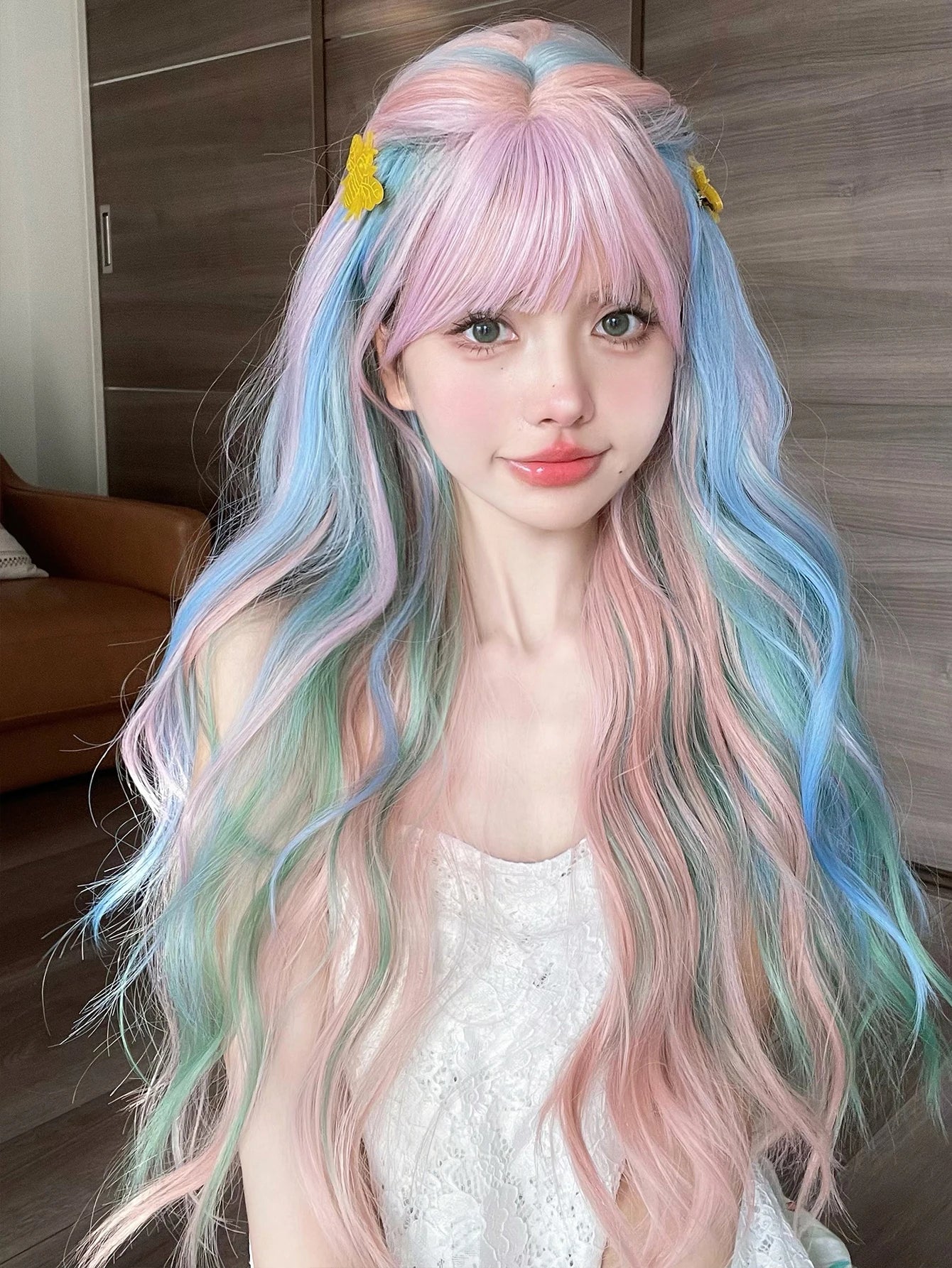 28Inch Iridescent Rainbow Color Multicolor Synthetic Wig