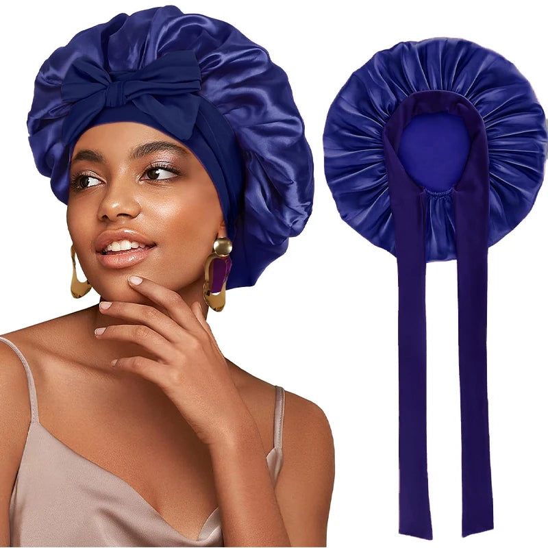 New Satin Solid Sleeping Bonnet With Stretchy Tie Band Elastic