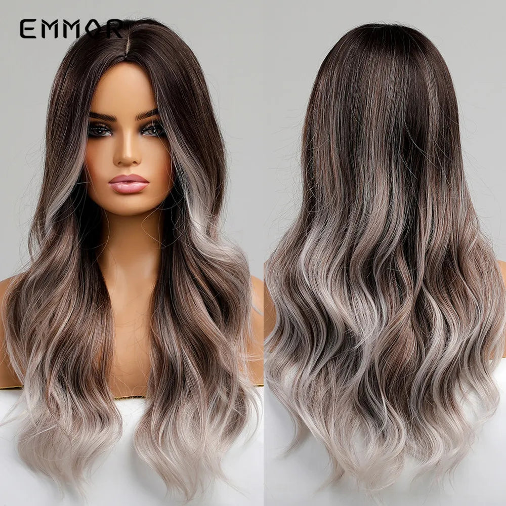 Emmor Ombre Brown Blonde Hair Wig Long Wavy Wigs for Woman Cosplay Natural Good Quality Synthetic WIg High Temperature Fiber
