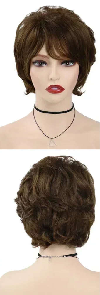 Mix Brown Hair Short Curly Wig with Bangs
