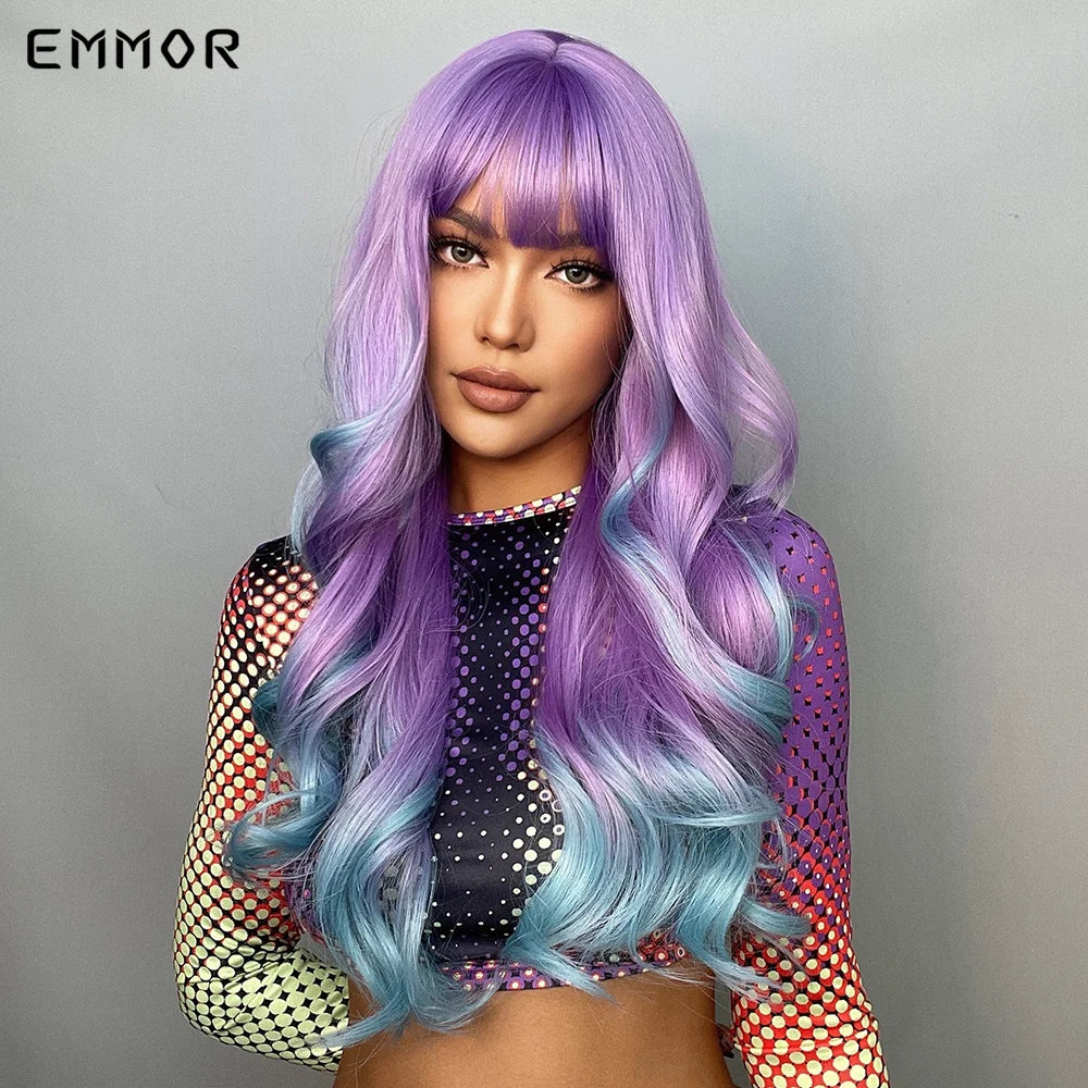 Long Wavy Wig Ombre Purple to Blue