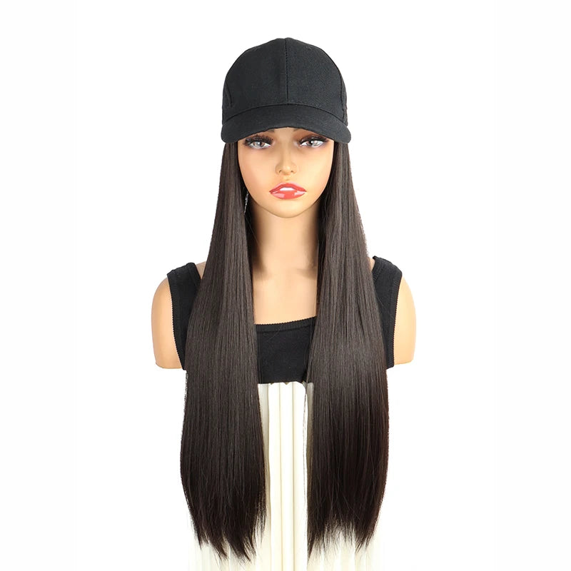 24Inch Synthetic Long Straight Baseball Hat Adjustable Wig Black Brown Hairpiece for Women