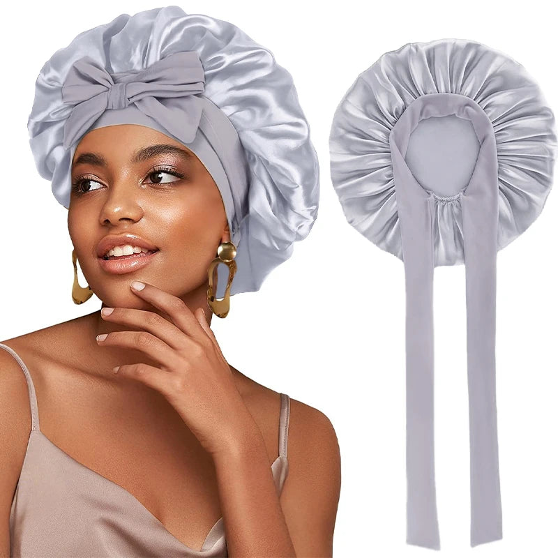 New Satin Solid Sleeping Bonnet With Stretchy Tie Band Elastic
