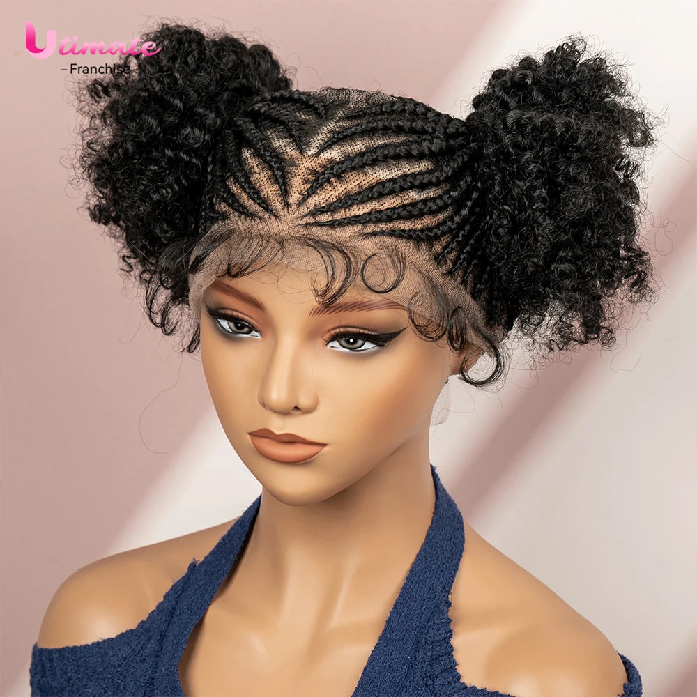 Afro Cornrow Braided Wigs 360 full Lace Twin Buns Braiding Hair Wig 6 Inches Short Afro Curly Wig