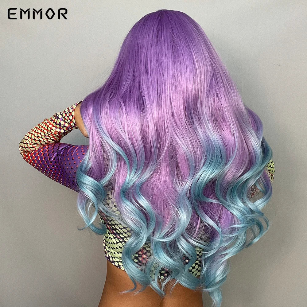 Long Wavy Wig Ombre Purple to Blue