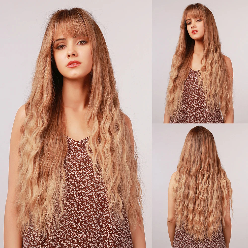 Emmor Long Wave Synthetic Wigs Ombre Brown Blonde Water Wavy Wigs With Bangs for Women Natural Heat Resistant Wig