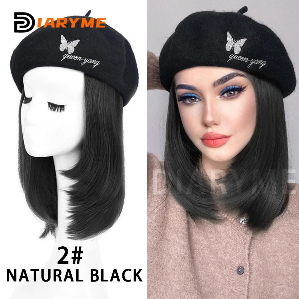 Straight Bob Hair Wig With Cap Beret Hat Wigs