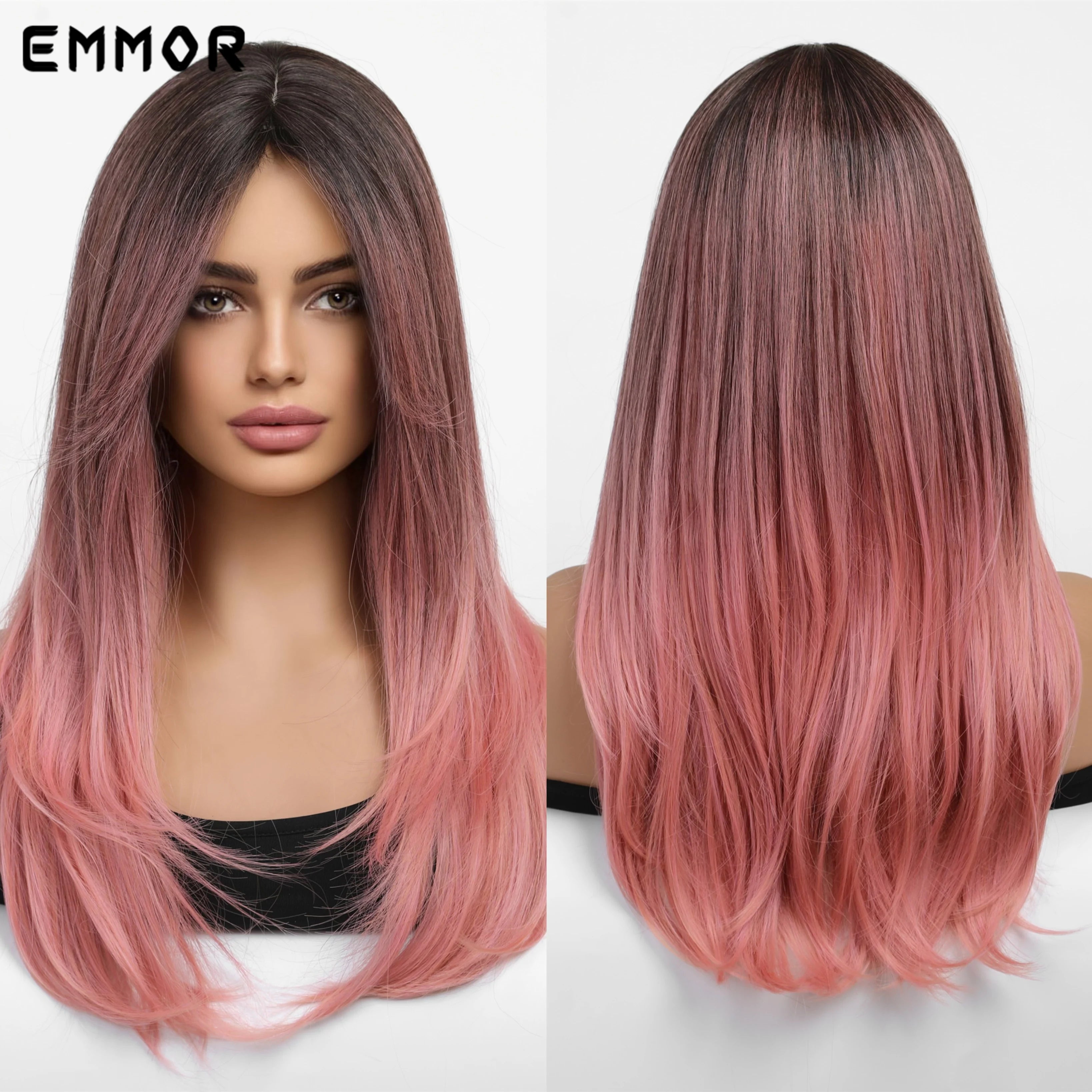 Ombre Black Pink Wig With Bangs