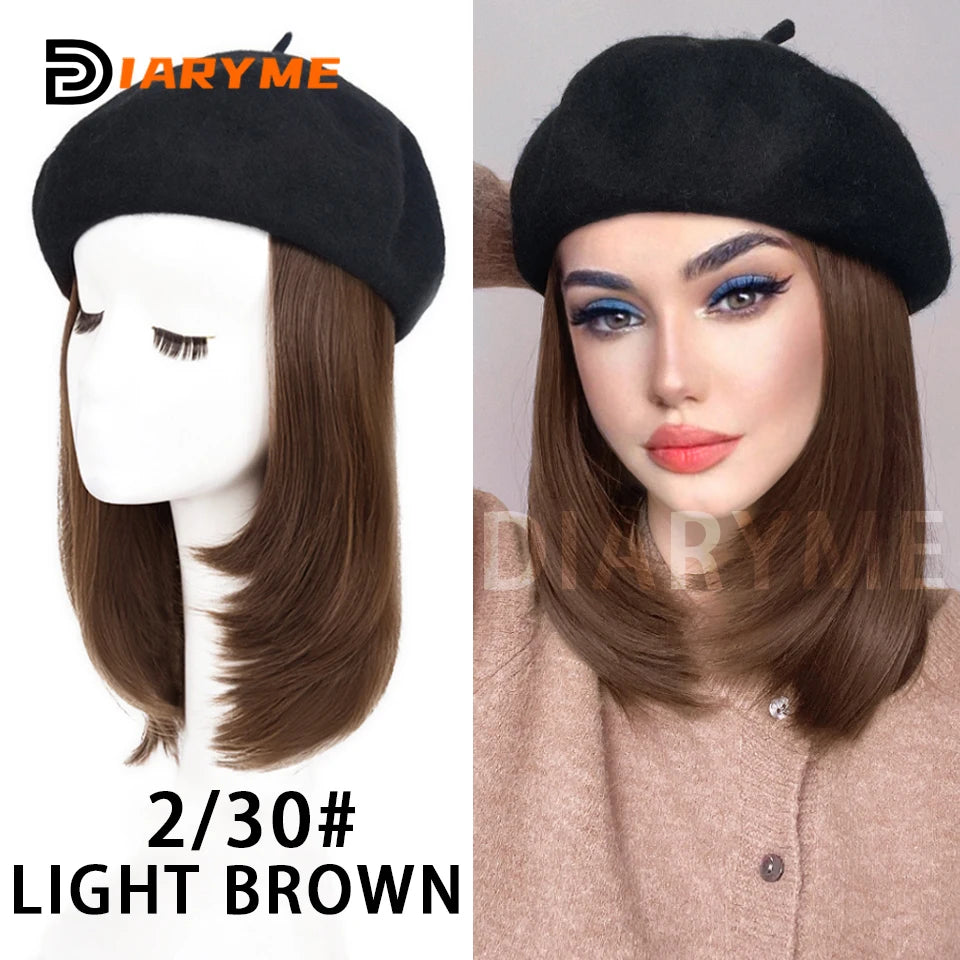 Straight Bob Hair Wig With Cap Beret Hat Wigs