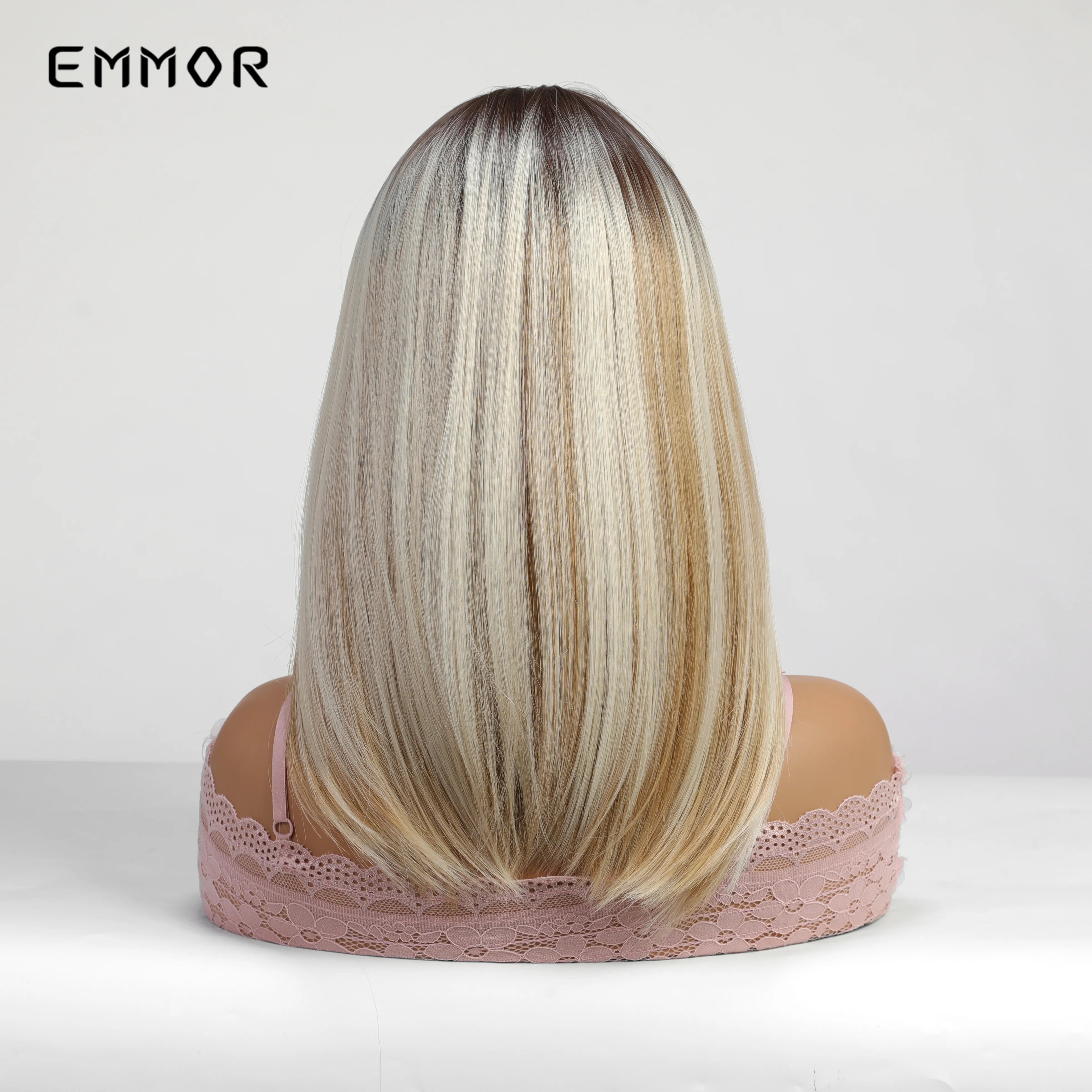 Emmor-Synthetic T-Part Lace Wig for Women, Long Wavy Ombre, Light Blonde to Brown, Fashion Side Part Nature, Daily Wigs