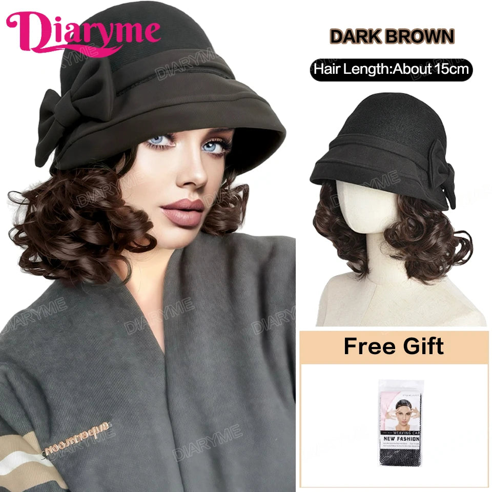 Hat Wig Women's Fashion Synthetic One-piece Bow Fisherman's Hat Wig Lazy Thick Warm Wool Short Curly Hair With Hat For Women Mom