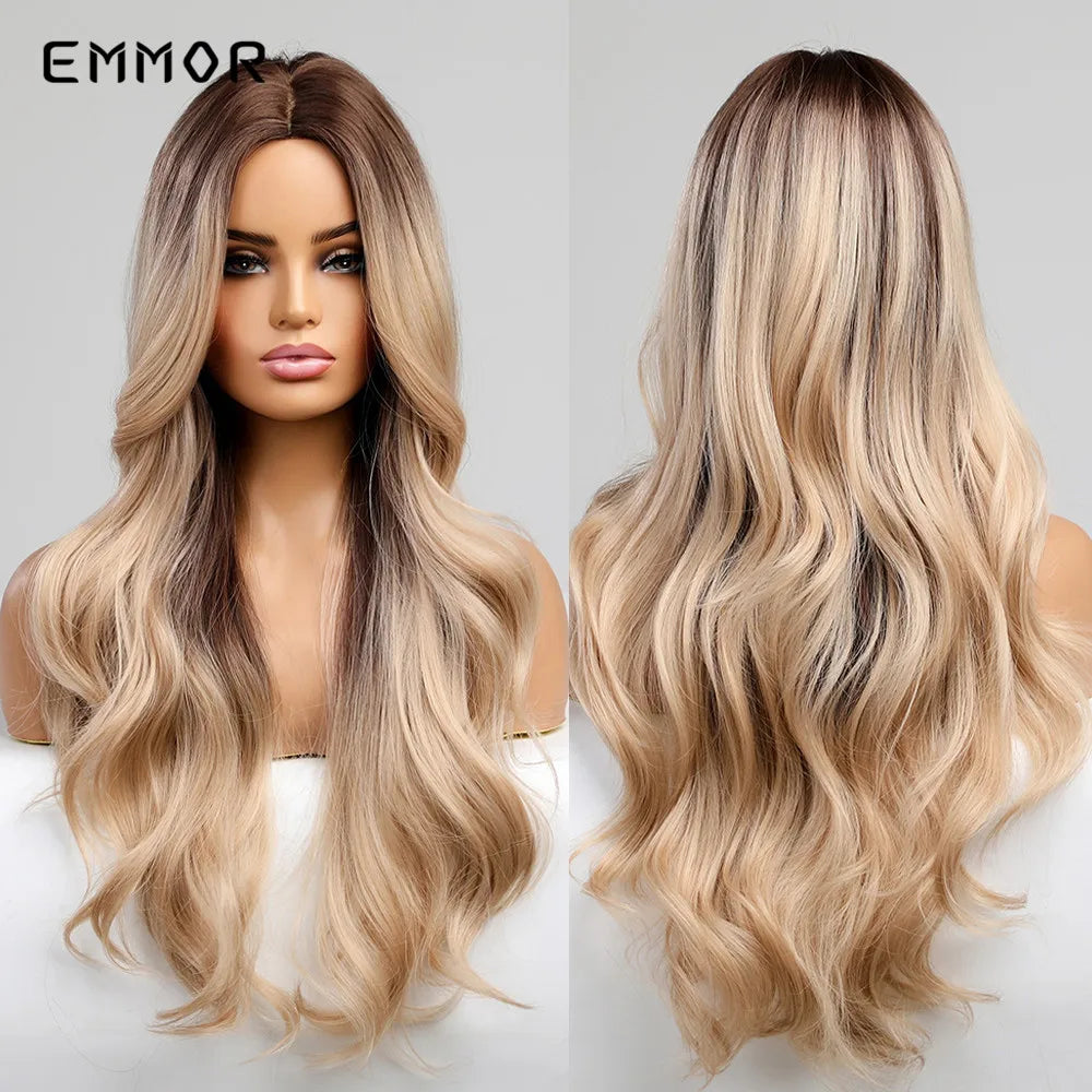 Emmor Ombre Brown Blonde Hair Wig Long Wavy Wigs for Woman Cosplay Natural Good Quality Synthetic WIg High Temperature Fiber