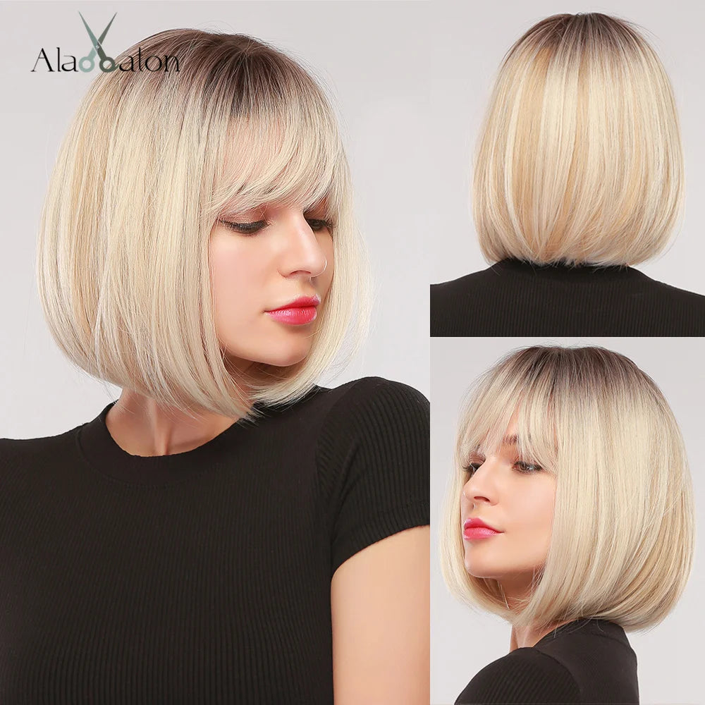 Blonde Layered Synthetic Wigs with Bangs Straight Short Highlights  Wig