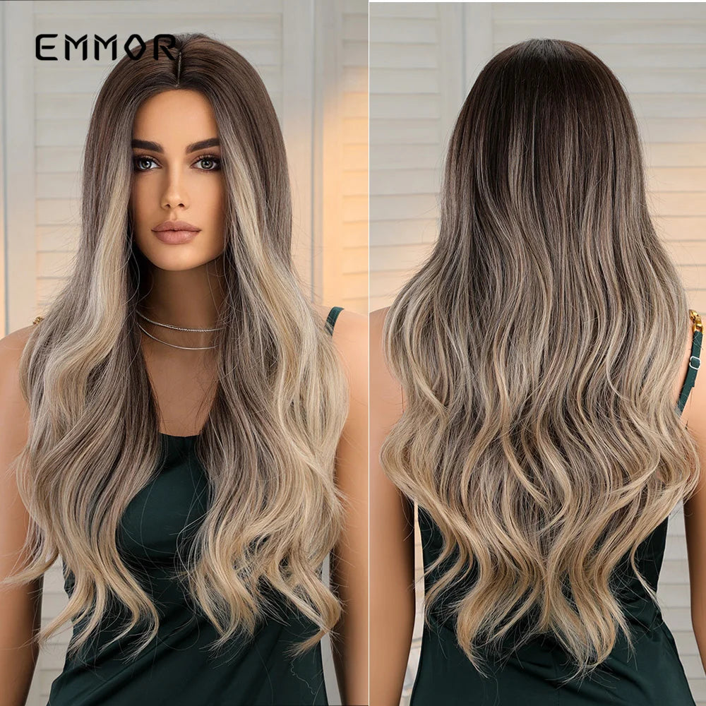 Emmor Ombre Brown Blonde Hair Wig Long Wavy Wigs for Woman Cosplay Natural Good Quality Synthetic WIg High Temperature Fiber