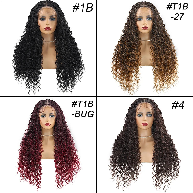 Black Full Lace 24 Inch Braided Wigs Bohemia Box Braids Synthetic Lace Frontal Wigs Deep Wave Goddess Braids Wig with Curly Ends