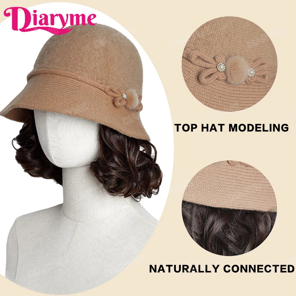 Synthetic Hat wig Fashion Autumn And Winter Fisherman's Hat With Lazy roll foreign style Short Curly Hair Warm Basin Hat Wig Mom