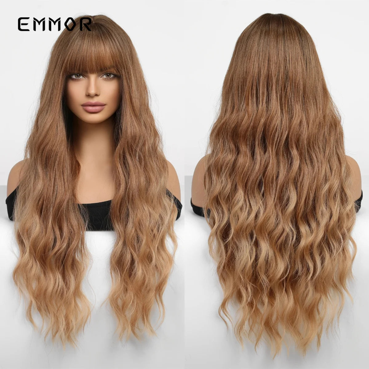 Emmor Long Wave Synthetic Wigs Ombre Brown Blonde Water Wavy Wigs With Bangs for Women Natural Heat Resistant Wig