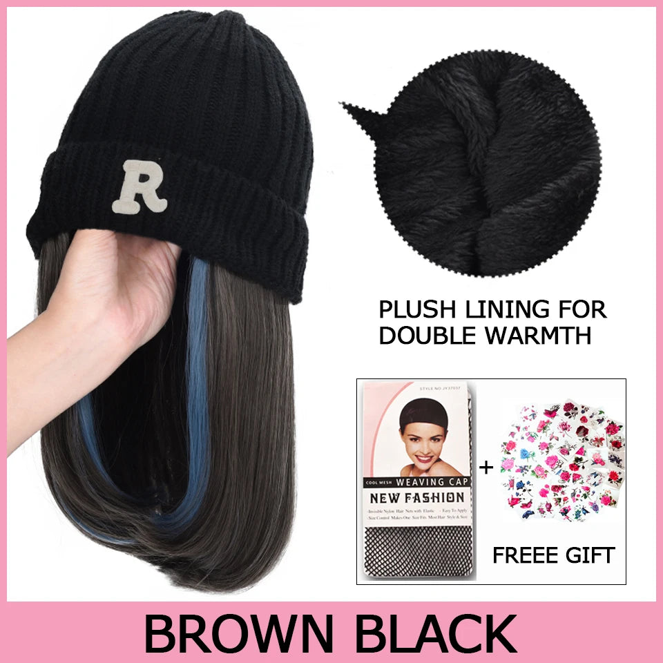 Synthetic Knitted Hat Wig Beanies Hat With Hair Wig