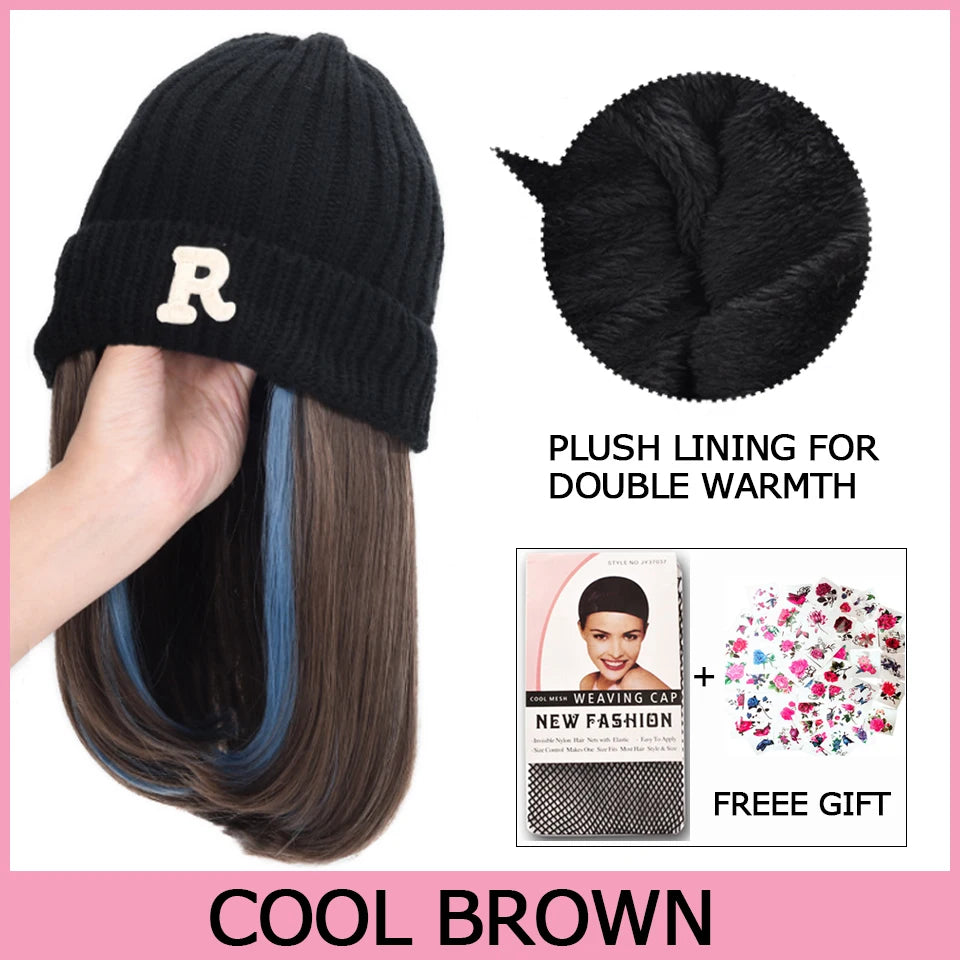 Synthetic Knitted Hat Wig Beanies Hat With Hair Wig