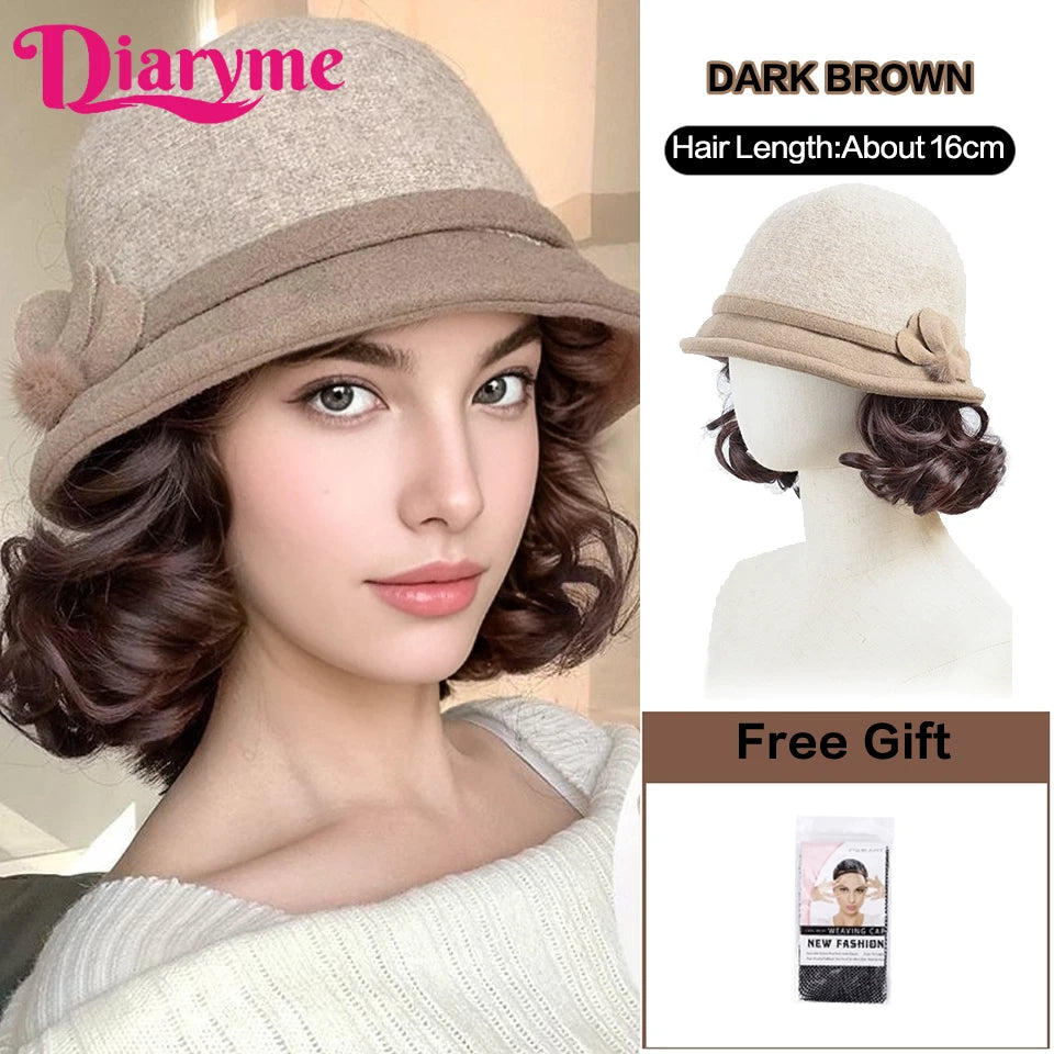 Hat Wig Women's Fashion Synthetic One-piece Bow Fisherman's Hat Wig Lazy Thick Warm Wool Short Curly Hair With Hat For Women Mom