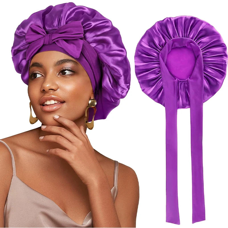 New Satin Solid Sleeping Bonnet With Stretchy Tie Band Elastic