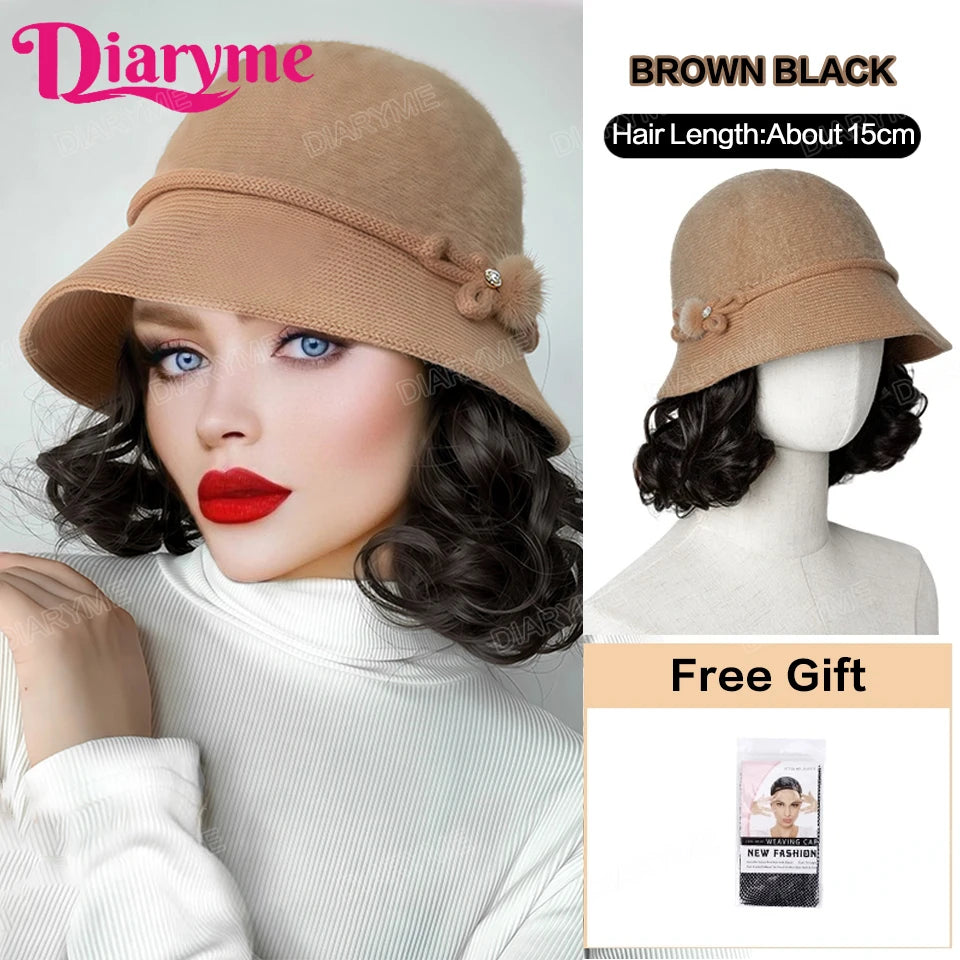 Hat Wig Women's Fashion Synthetic One-piece Bow Fisherman's Hat Wig Lazy Thick Warm Wool Short Curly Hair With Hat For Women Mom
