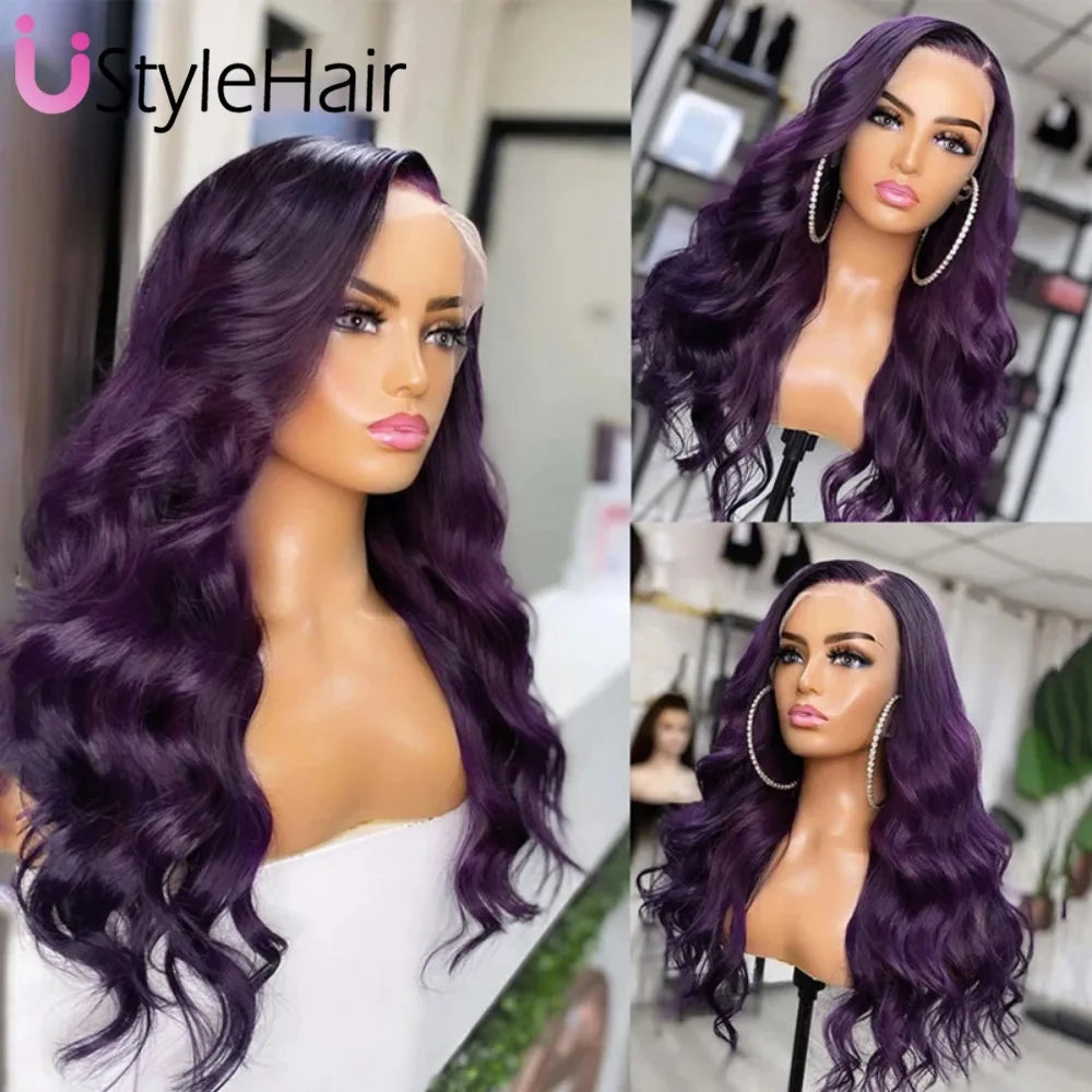 UStyleHair Dark Purple Wig  Lace Front Synthetic Long Boay Wave Wig Heat Resistant Natural Hairline Daily Use Purple Lace Wig