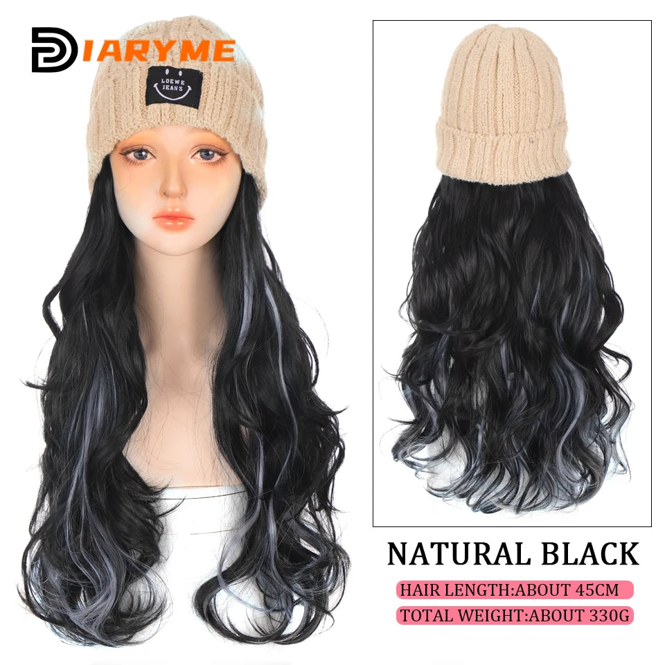 Synthetic Knitted Hat Wig Beanies Hat With Hair Wig