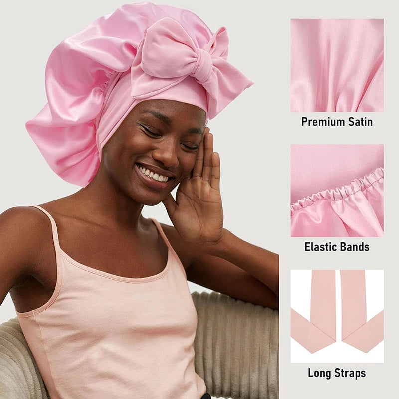 New Satin Solid Sleeping Bonnet With Stretchy Tie Band Elastic
