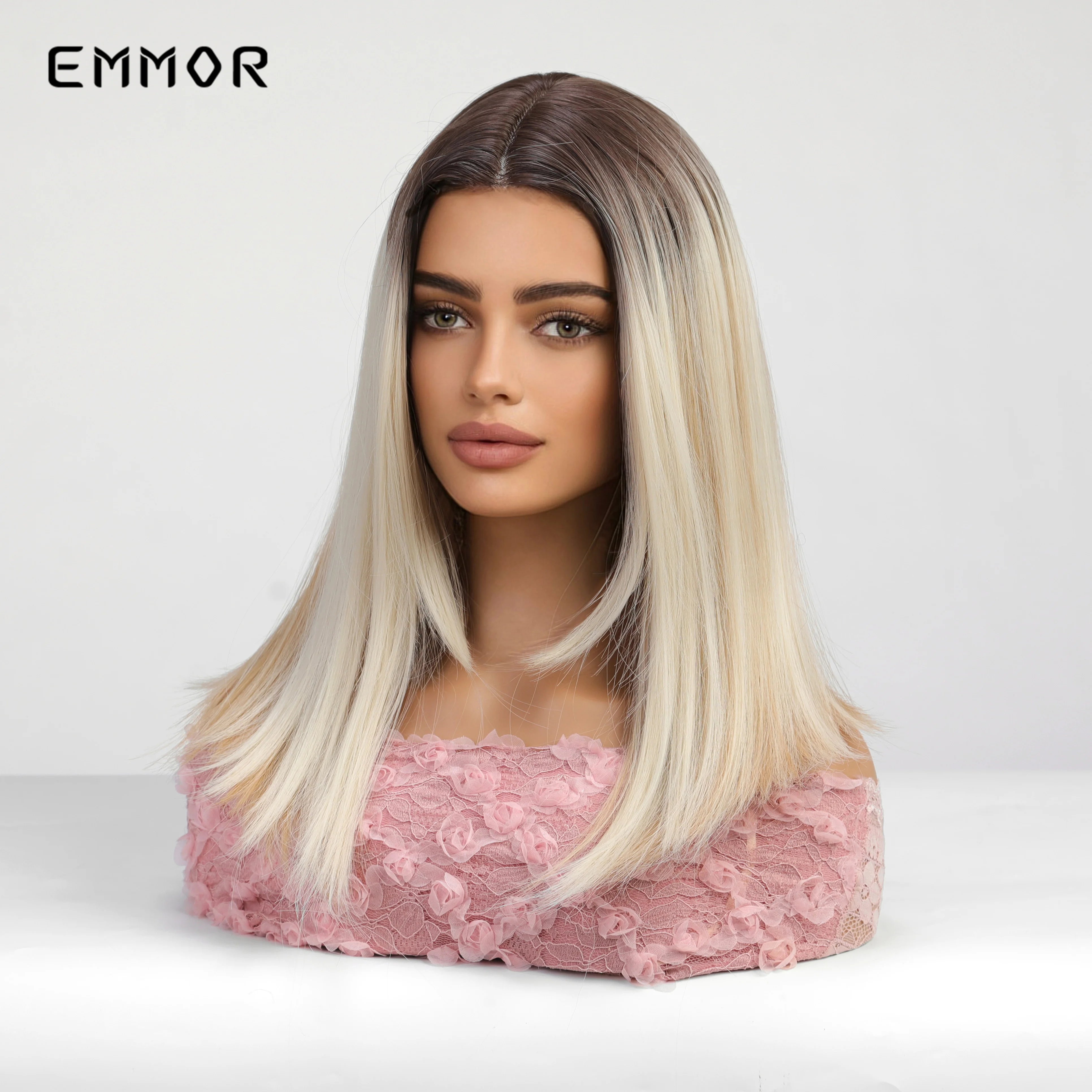 Emmor-Synthetic T-Part Lace Wig for Women, Long Wavy Ombre, Light Blonde to Brown, Fashion Side Part Nature, Daily Wigs