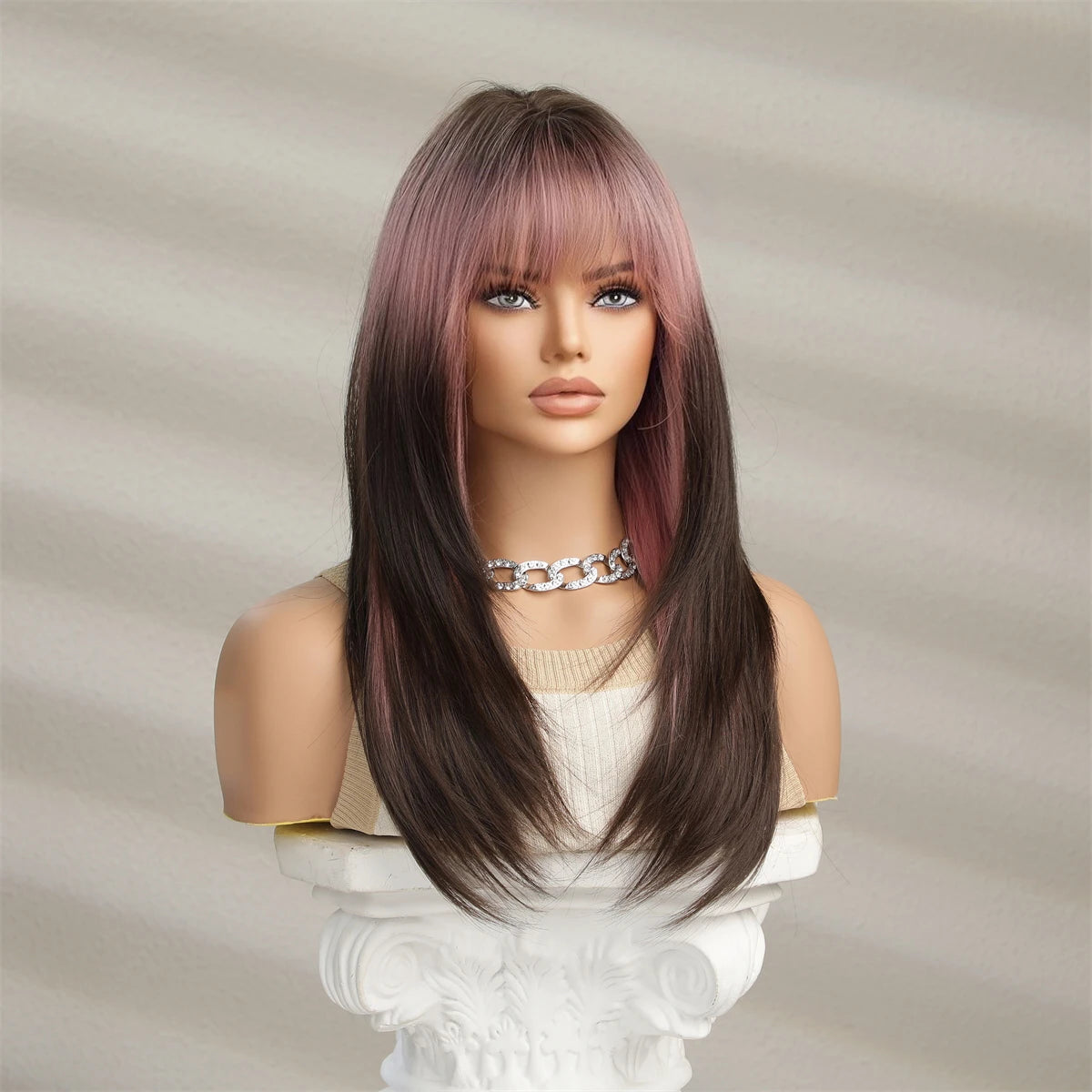 Emmor Synthetic Wigs Ombre Pink Brown Wig With Bangs Layered Hair Cosplay Daily Party Natural Heat Resistant Wigs for Women