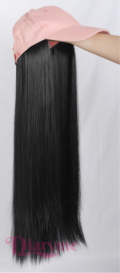 Long Straight Black Wig With Baseball Cap