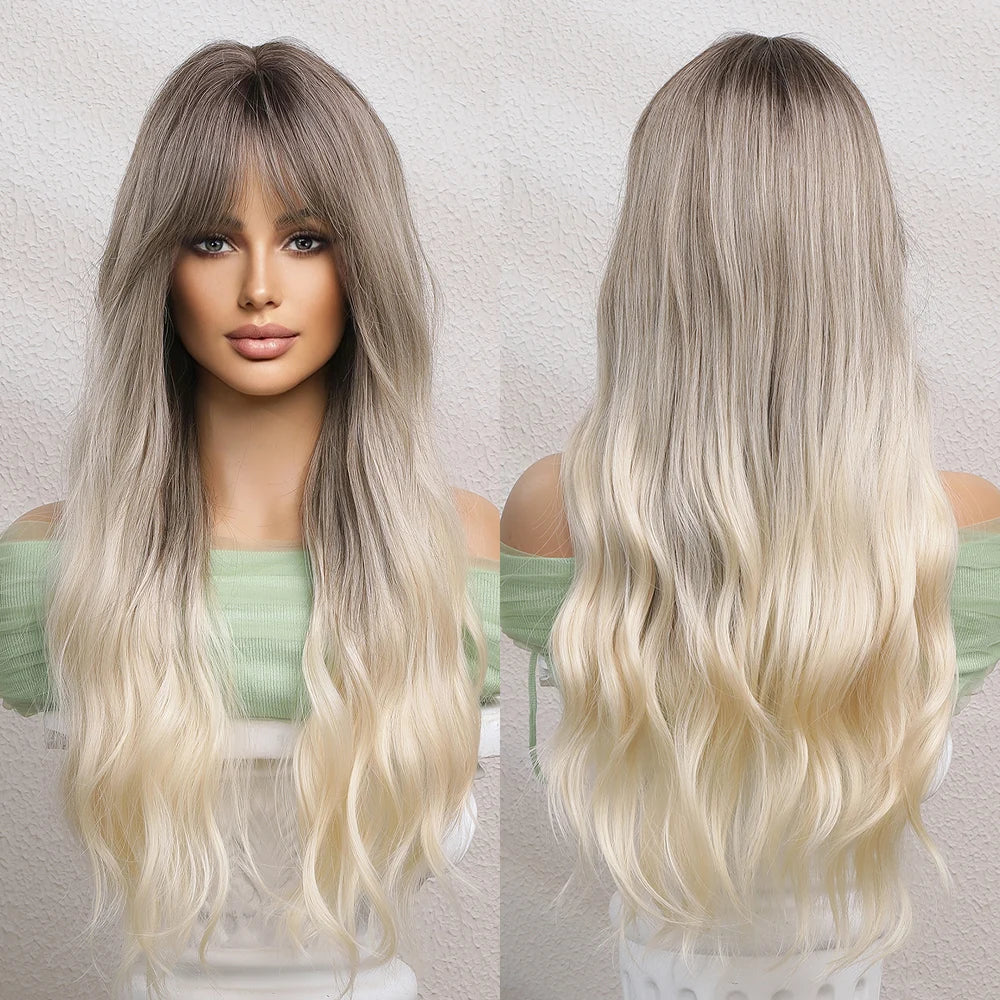 Ombre brown to Light Blonde Hair Wig with Bangs